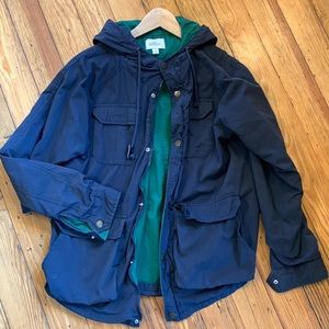 Lark & Wolff hooded utility chore jacket, lightweight, navy blue w/ green lining